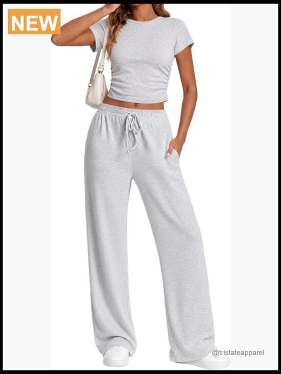 Other - 2 Piece Lounge Set Short Sleeve Top Wide Leg Pants with Pockets